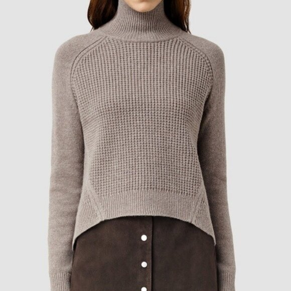 AllSaints Galo Funnel Neck Alpaca Wool Blend Sweater Women’s Size M Taupe Brown - Picture 1 of 16